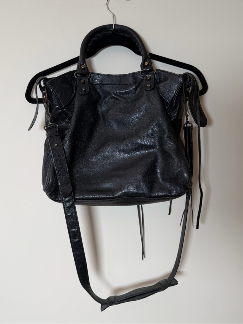 Balenciaga Classic Velo Black Leather Bag Aged Brass Moto Crossbody - Picture 9 of 16